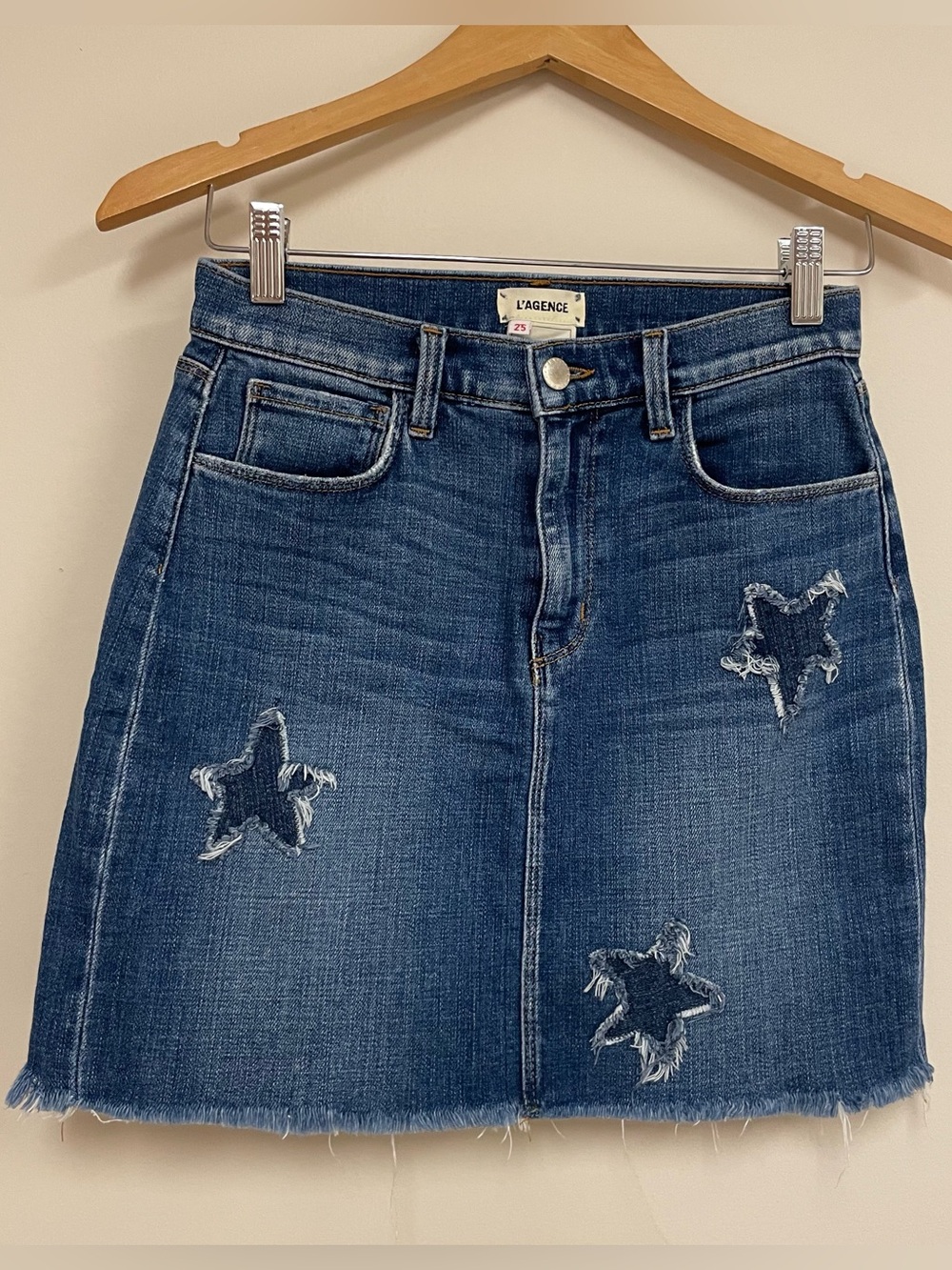 L'Agence Blue Denim Estrella Star Patch Straight Denim Medium Blue Skirt Size 25